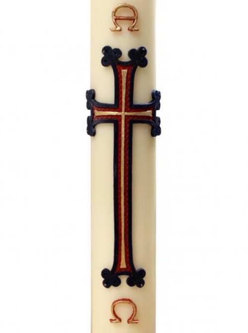 30" x 2" Paschal Candle with Blue/Red Alpha + Omega Wax Relief