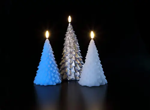 Set of 3 Christmas Tree Wax Candles - white blue silver with LED