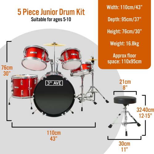 3rd Avenue 5 Piece Junior Drum Kit - Red