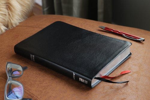 NIV, Thinline Bible, Large Print, Bonded Leather, Black, Red Letter Edition