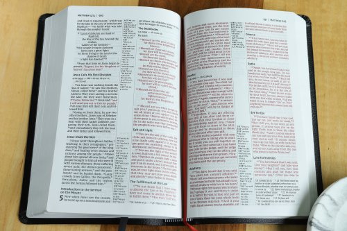 NIV, Thinline Reference Bible (Deep Study at a Portable Size), Bonded Leather, Black, Red Letter, Comfort Print