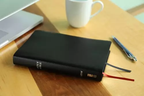 NIV, Thinline Reference Bible (Deep Study at a Portable Size), Bonded Leather, Black, Red Letter, Comfort Print