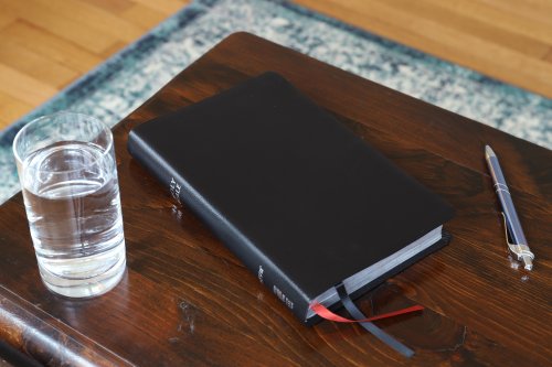 NIV, Thinline Reference Bible (Deep Study at a Portable Size), Bonded Leather, Black, Red Letter, Thumb Indexed, Comfort Print