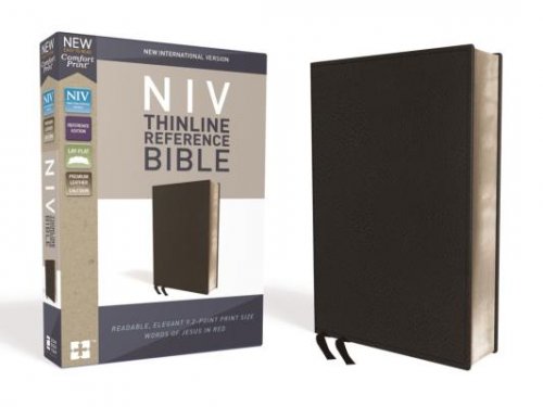 NIV, Thinline Reference Bible (Deep Study at a Portable Size), Genuine Leather, Calfskin, Black, Red Letter, Comfort Print