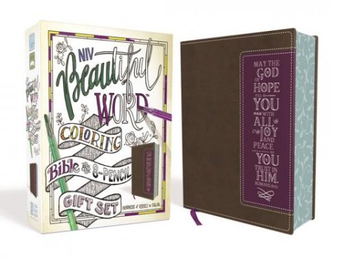 NIV, Beautiful Word Coloring Bible and 8-Pencil Gift Set, Leathersoft, Brown/Purple