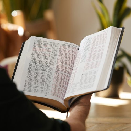 NKJV Holy Bible, Giant Print Center-Column Reference Bible, Black Leather-look, 72,000+ Cross References, Red Letter, Comfort Print: New King James Version