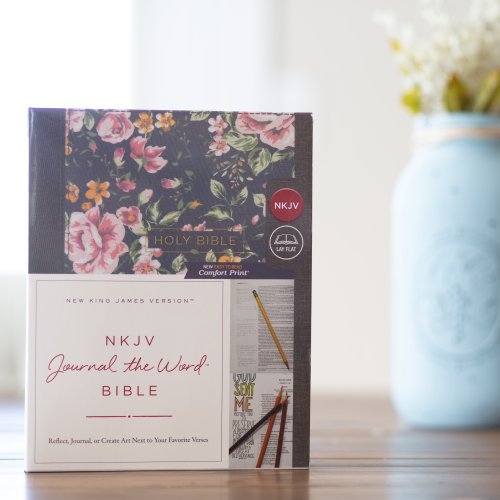 NKJV, Journal the Word Bible, Cloth over Board, Gray Floral, Red Letter, Comfort Print