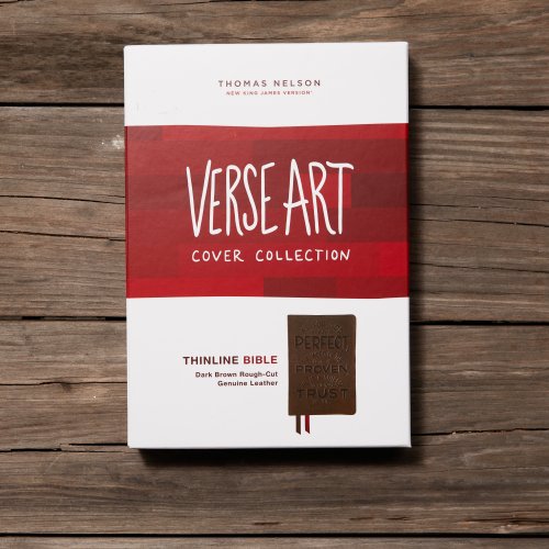 NKJV, Thinline Bible, Verse Art Cover Collection, Genuine Leather, Brown, Red Letter, Comfort Print