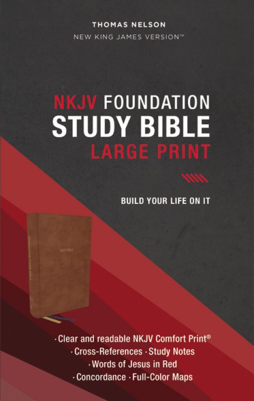 NKJV, Foundation Study Bible, Large Print, Leathersoft, Brown, Red Letter, Thumb Indexed, Comfort Print