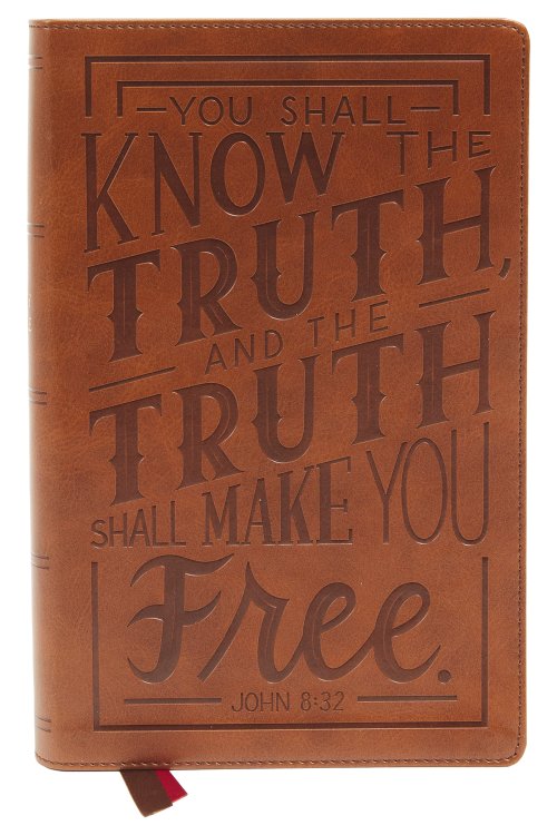 NKJV, Personal Size Large Print End-of-Verse Reference Bible, Verse Art Cover Collection, Leathersoft, Brown, Red Letter, Comfort Print