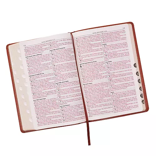 KJV Thumb Index, Bible, Tan, Imitation Leather, Larger Print, Gilt Edge, Ribbon Marker, Red Letter, Verse Finder, Bible Reading Plan, Thinline