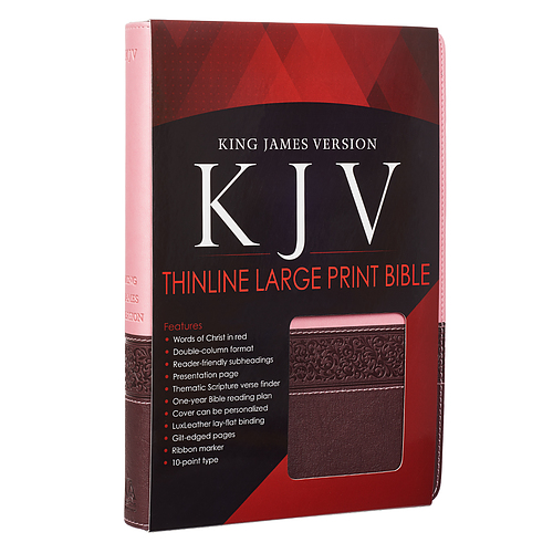 KJV Large Print Bible, Brown and Pink, Imitation Leather, Red Letter, Verse Finder, Reading Plan, Gilt Edged, Ribbon Marker, Presentation Page, Subheadings