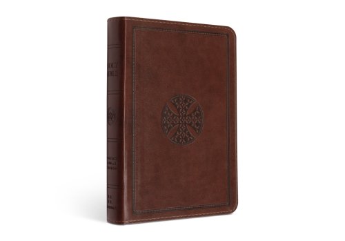 ESV Large Print Compact Bible, Brown, Imitation Leather, Compact, Concordance, Ribbon Market, Gilded Edges, Red Letter, Sewn Binding, Cross Design