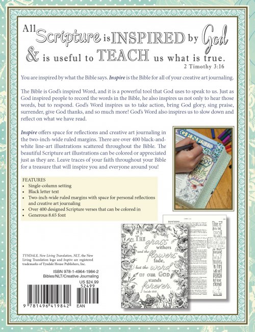 NLT Inspire Colouring Bible, Turquoise, Cloth Bound, Two-Inch-Wide Ruled Journaling Margins, Line-Art Illustrations, Matching Ribbon Marker