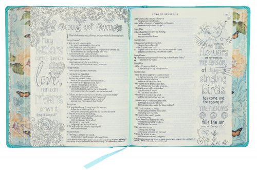 NLT Inspire Colouring, Bible, Turquoise, Hardback, Two-inch-wide ruled margins, Line-art illustrations, Colour-in Scripture art, Ribbon marker, Elastic band closure