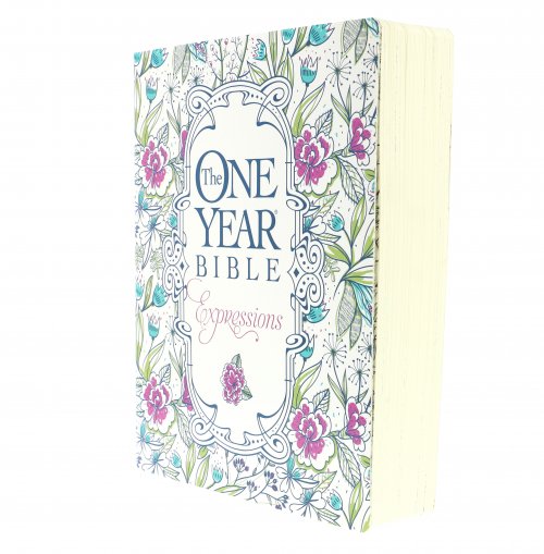 NLT The One Year Bible Expressions Devotional Bible for Women White Paperback Journaling Bible Wide Margin Adult Colouring Devotional Presentation Page Illustrated Bible