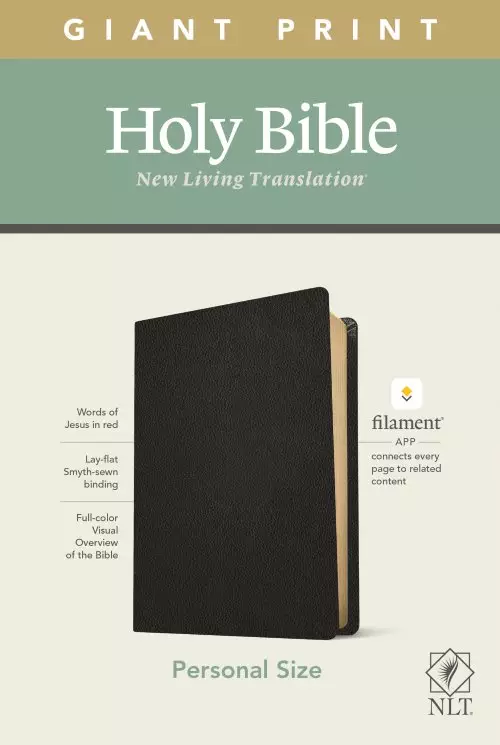 NLT Filament Giant Print, Bible, Black, Leather, Personal Size, Red Letter, Devotional, Study Notes, Videos, Maps, Articles, Profiles, Worship Music Library, Presentation Page, Ribbon Marker