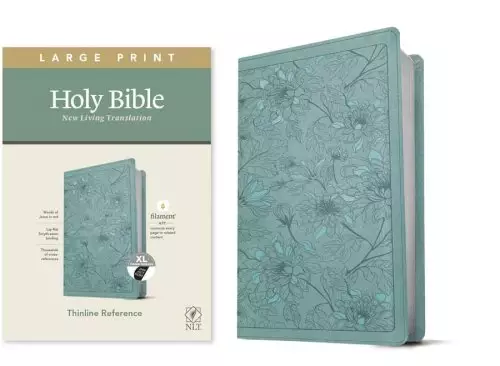 NLT Large Print Thinline Reference Bible, Filament Enabled (LeatherLike, Floral Leaf Teal, Indexed, Red Letter)