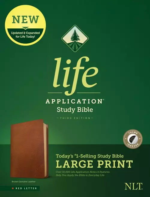 NLT Life Application Study Bible, Third Edition, Large Print (Genuine Leather, Brown, Indexed, Red Letter)