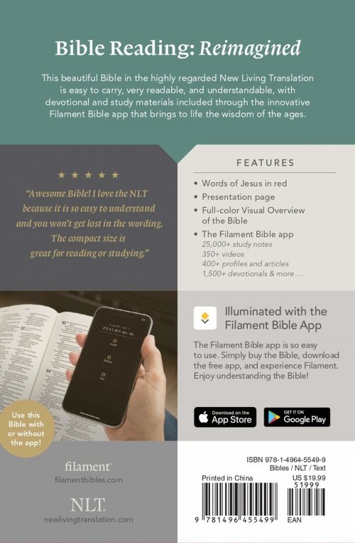 NLT Filament Bible, Teal, Imitation Leather, Compact, Red Letter, Print + Digital Bible, App Content, Study Material, Devotional Material, Gilt Edge