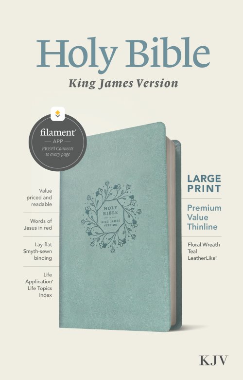 KJV Large Print Premium Value Thinline Bible, Filament Enabled (LeatherLike, Floral Wreath Teal, Red Letter)