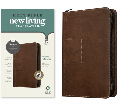 NLT Thinline Reference Zipper Bible, Filament Enabled (LeatherLike, Atlas Rustic Brown, Indexed, Red Letter)