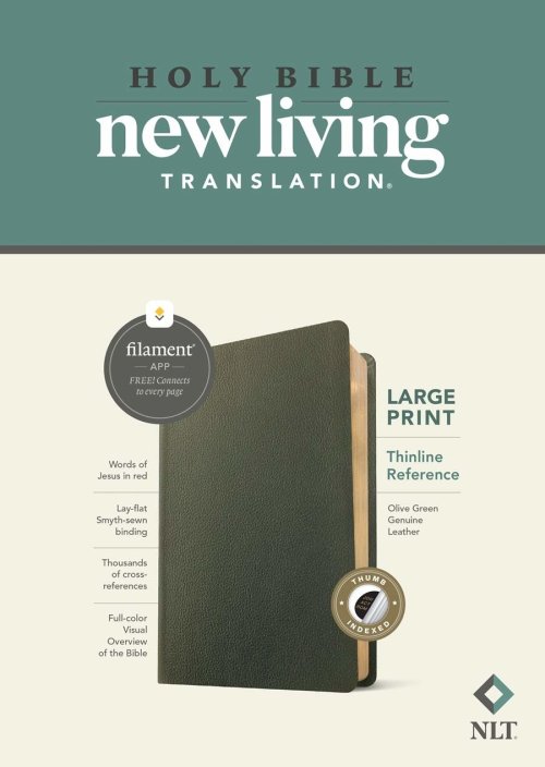 NLT Large Print Thinline Reference Bible, Filament Enabled (Genuine Leather, Olive Green, Indexed, Red Letter)