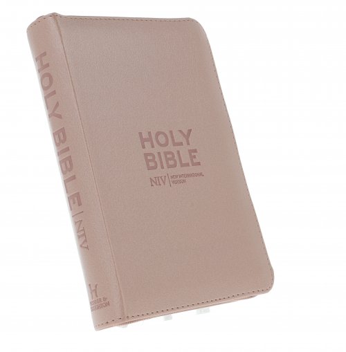 NIV Pocket Bible, Rose Gold, Imitation Leather, Zip, Shortcuts to Key Passages, Ribbon Marker