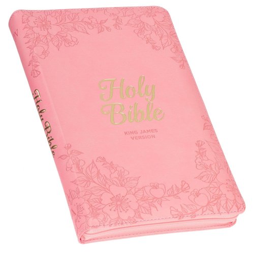 KJV Holy Bible, Standard Size Faux Leather Red Letter Edition - Thumb Index & Ribbon Marker, King James Version, Pink Floral Zipper Closure