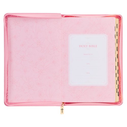 KJV Holy Bible, Standard Size Faux Leather Red Letter Edition - Thumb Index & Ribbon Marker, King James Version, Pink Floral Zipper Closure