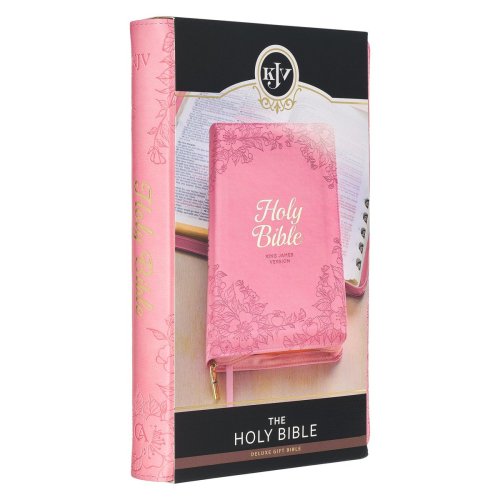 KJV Holy Bible, Standard Size Faux Leather Red Letter Edition - Thumb Index & Ribbon Marker, King James Version, Pink Floral Zipper Closure