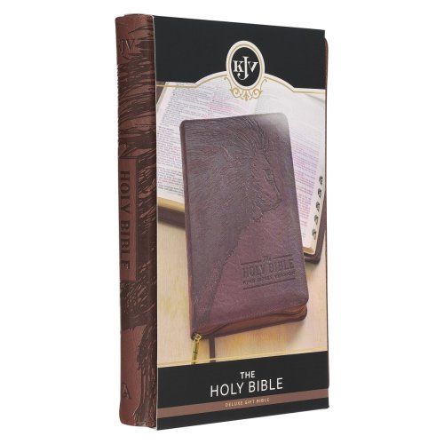 KJV Holy Bible, Standard Size Faux Leather Red Letter Edition - Thumb Index & Ribbon Marker, King James Version, Brown Lion Zipper Closure