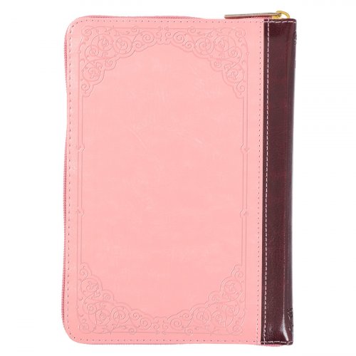 Burgundy and Pink Floral Faux Leather Compact KJV Bible with Zippered Closure