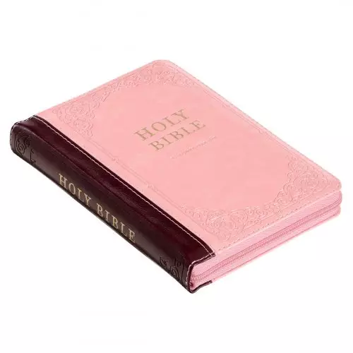 Burgundy and Pink Floral Faux Leather Compact KJV Bible with Zippered Closure