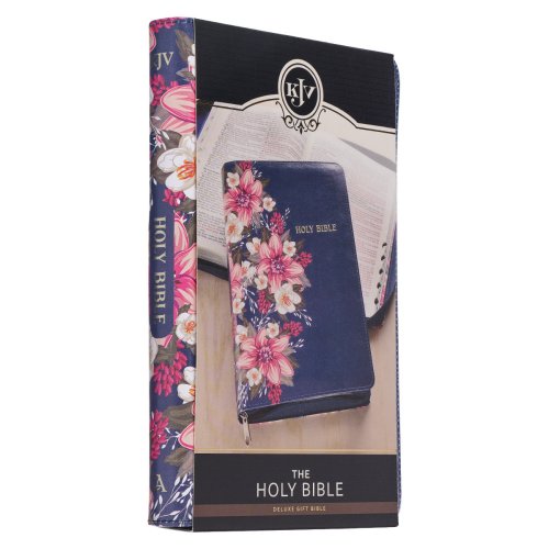 KJV Bible Deluxe Gift Faux Leather, Blue Floral Printed w/zipper