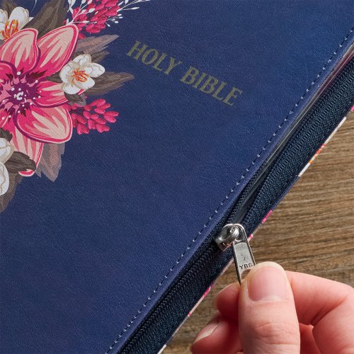 KJV Bible Deluxe Gift Faux Leather, Blue Floral Printed w/zipper