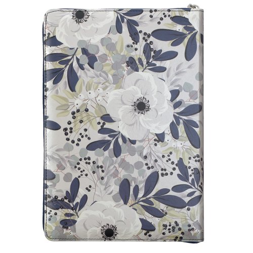 Blue Pearlized Floral Faux Leather Large Print Thinline K J V Bible with Zippered Closure and Thumb Index