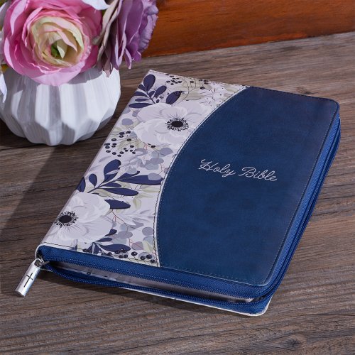 Blue Pearlized Floral Faux Leather Large Print Thinline K J V Bible with Zippered Closure and Thumb Index