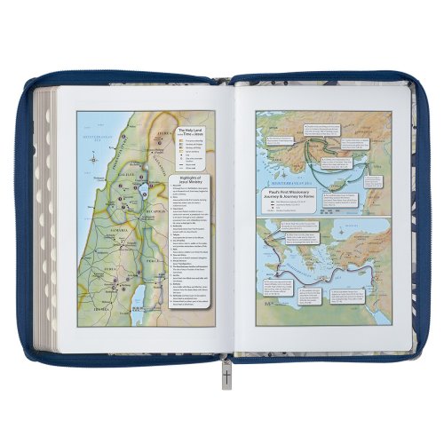 Blue Pearlized Floral Faux Leather Large Print Thinline K J V Bible with Zippered Closure and Thumb Index