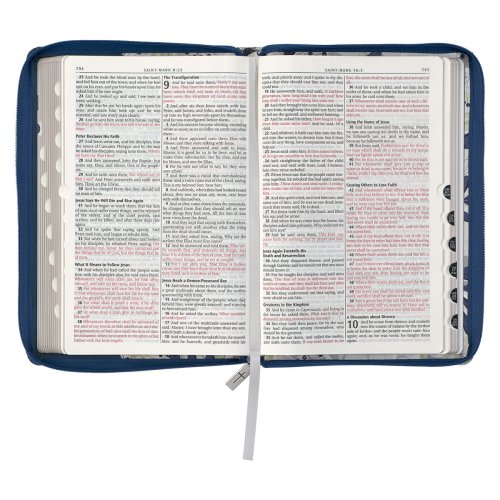 Blue Pearlized Floral Faux Leather Large Print Thinline K J V Bible with Zippered Closure and Thumb Index