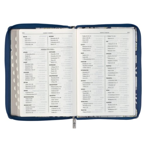 Blue Pearlized Floral Faux Leather Large Print Thinline K J V Bible with Zippered Closure and Thumb Index