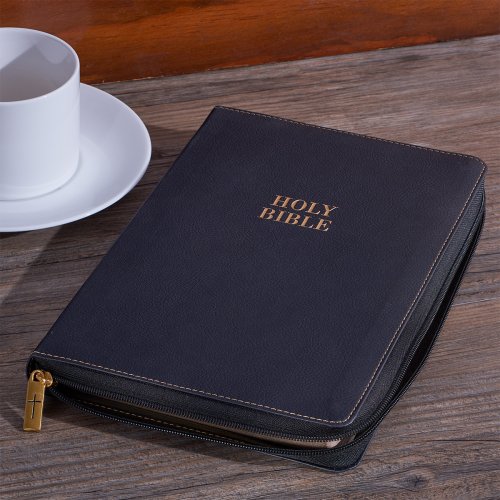 Black Faux Leather Large Print Thinline KJV Bible with Thumb Index and Zippered Closure