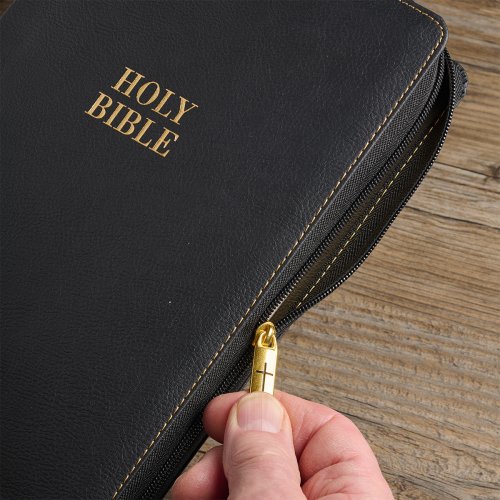 Black Faux Leather Large Print Thinline KJV Bible with Thumb Index and Zippered Closure