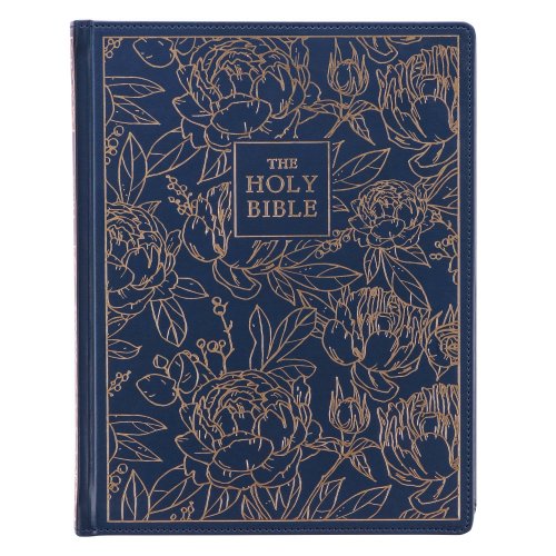 KJV Large Print Note-Taking Bible-Navy Blue Floral Faux Leather Hardcover