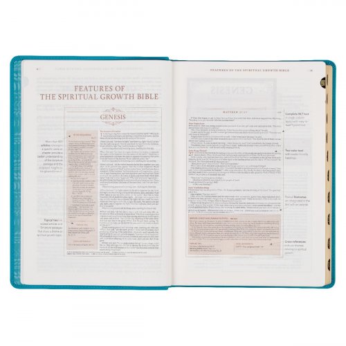 NLT Spiritual Growth Bible, Teal, Imitation Leather, Articles, Book Introductions, Character Profiles, Cross-References, Topical Index, Presentation Page, Ribbon Markers, Thumb Index, Gilt Edge