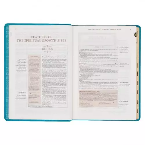 NLT Spiritual Growth Bible, Teal, Imitation Leather, Articles, Book Introductions, Character Profiles, Cross-References, Topical Index, Presentation Page, Ribbon Markers, Thumb Index, Gilt Edge