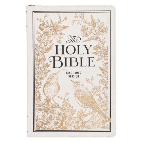 White and Gold Faux Leather Large Print Thinline King James Version Bible with Zippered Closure and Thumb Index