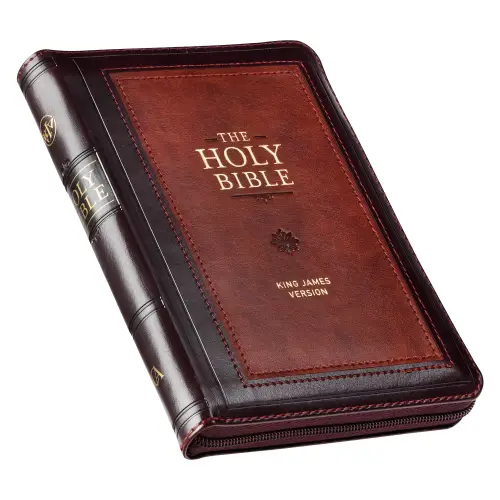 KJV Bible Compact Faux Leather, Burgundy/Saddle Tan w/zipper