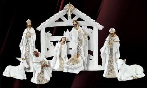 9" 9 Piece Resin White Finish Nativity Set