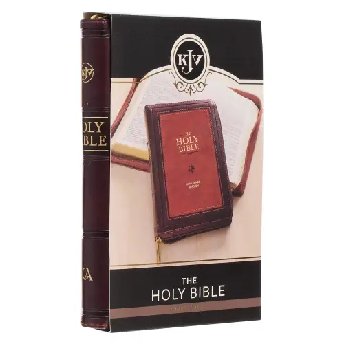 KJV Bible Compact Faux Leather, Burgundy/Saddle Tan w/zipper